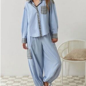 Blue Striped Pajama Set with Plaid Accents